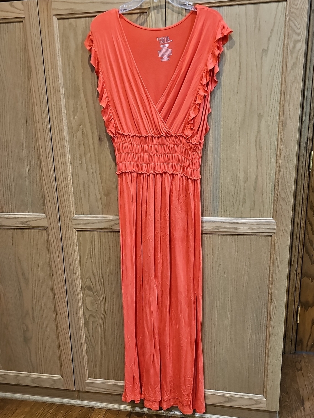 Women's L Coral Maxi Dress V Neck Scalloped Sleeves Time And Tru